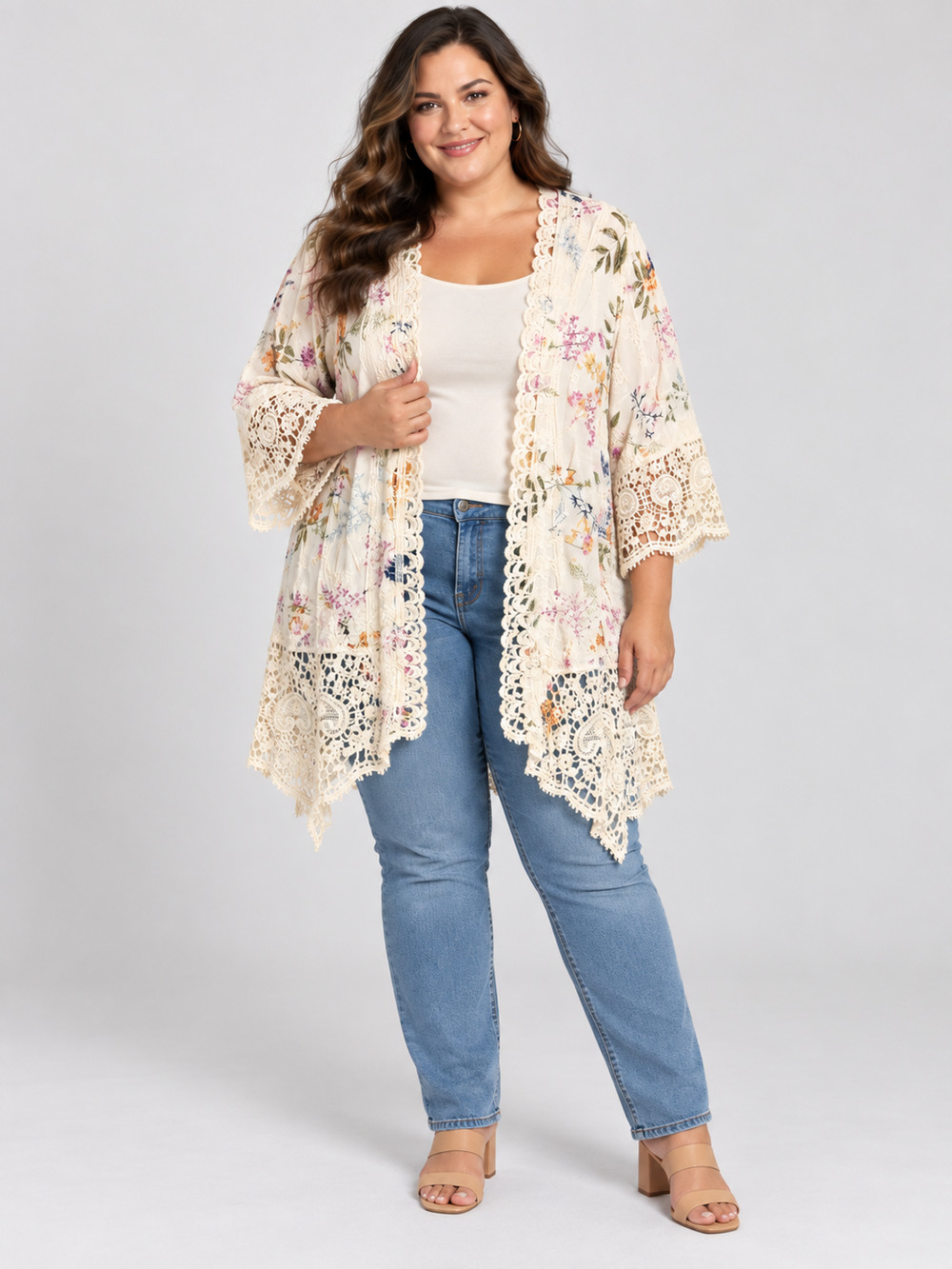 Solitaire 3X Boho Floral Kimono Cardigan Cream Open Front Lace Crochet Duster